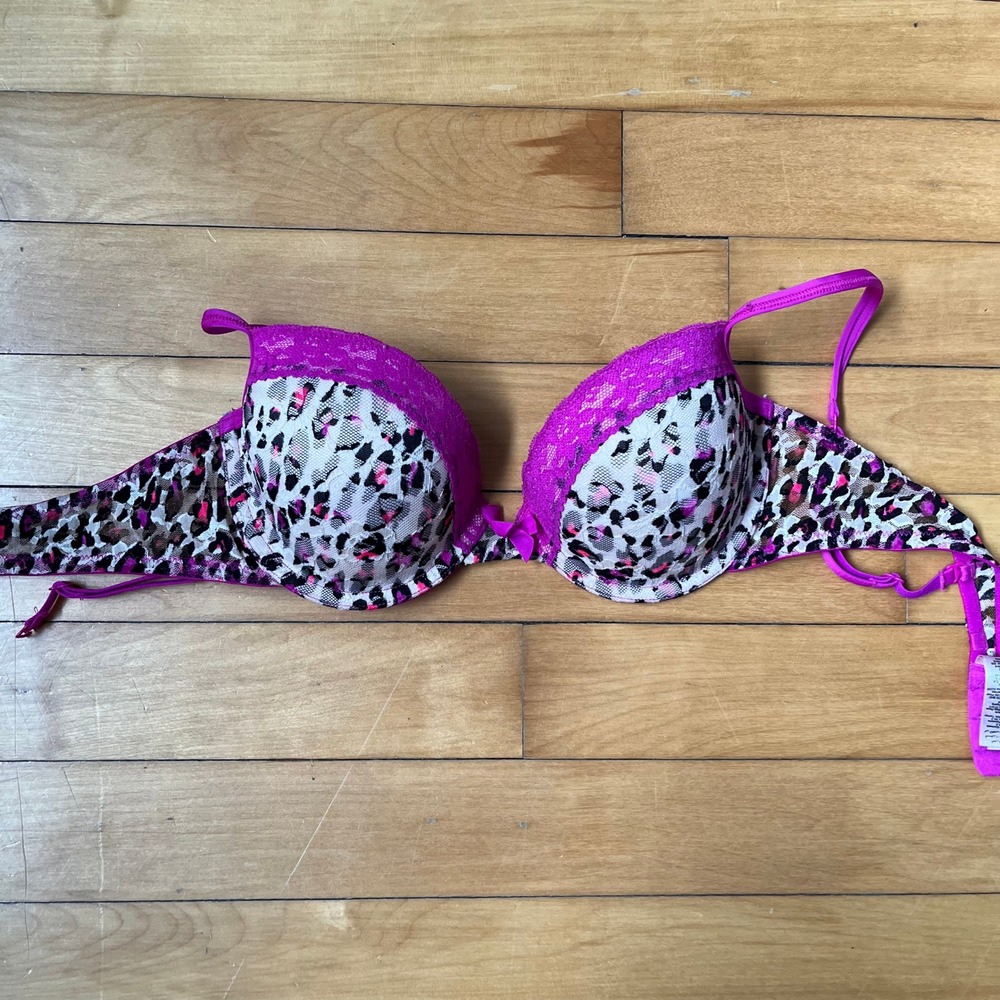 La Senza Perfectly Me Purple Leopard Print Push Up Bra 34B Pink Lace Trim